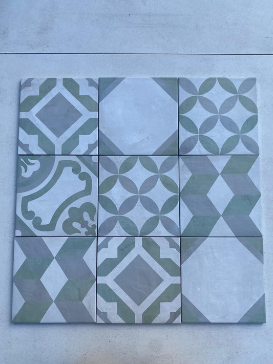 Piastrelle 20x20 Serie Terra art tea mix sm patchwork matt verde grigio bianco