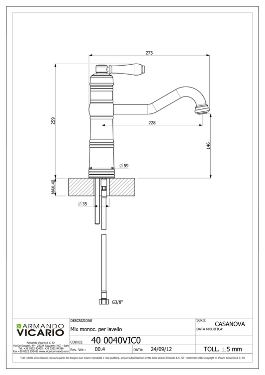 Miscelatore monocomando lavello cucina Casanova