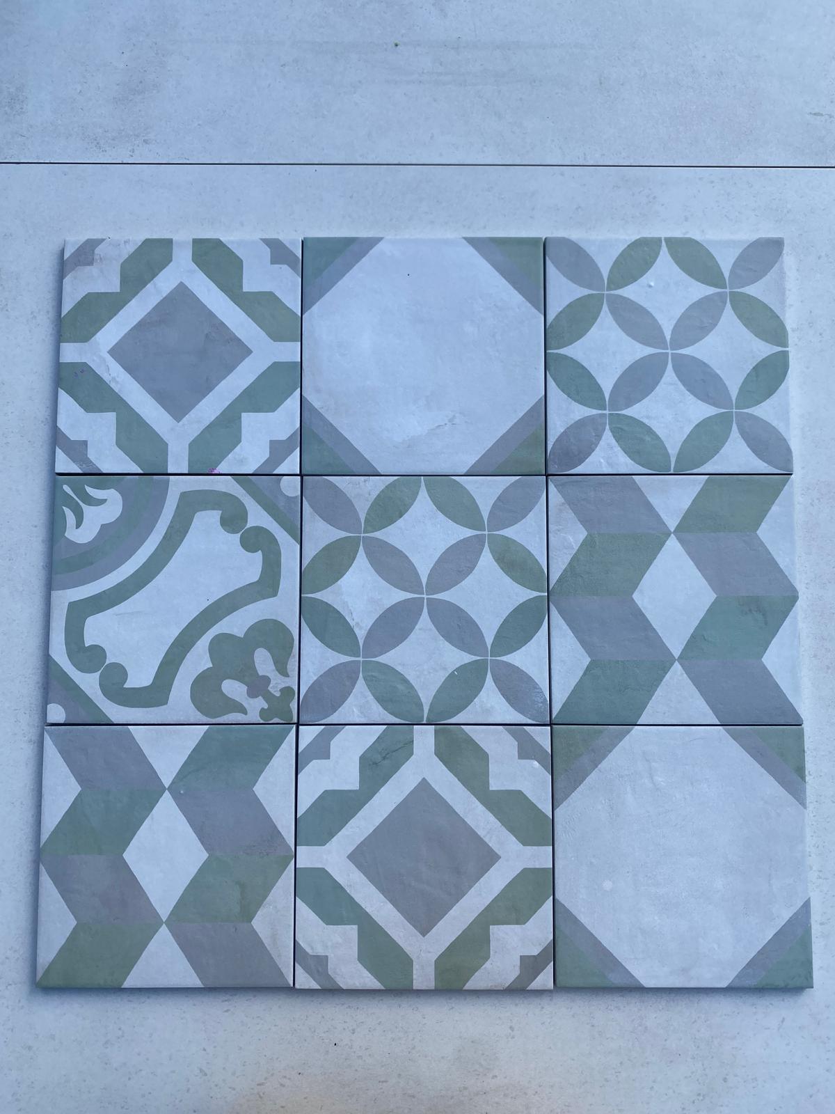 Piastrelle 20x20 Serie Terra art tea mix sm patchwork matt verde grigio bianco