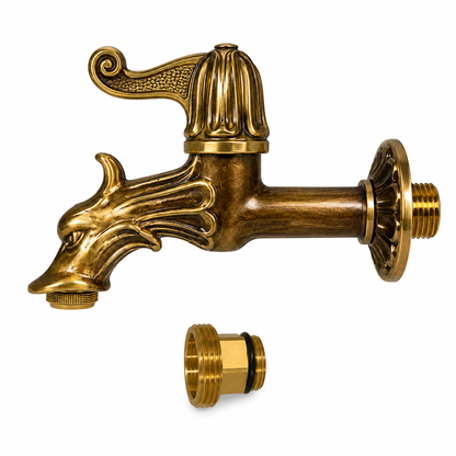 L'artistica - Rubinetto per Fontana in Ghisa - Rubinetto da Giardino a Muro in Ottone Anticato – Design Testa di Drago – Completo di Prolunga Filettata – Stile Classico Vintage