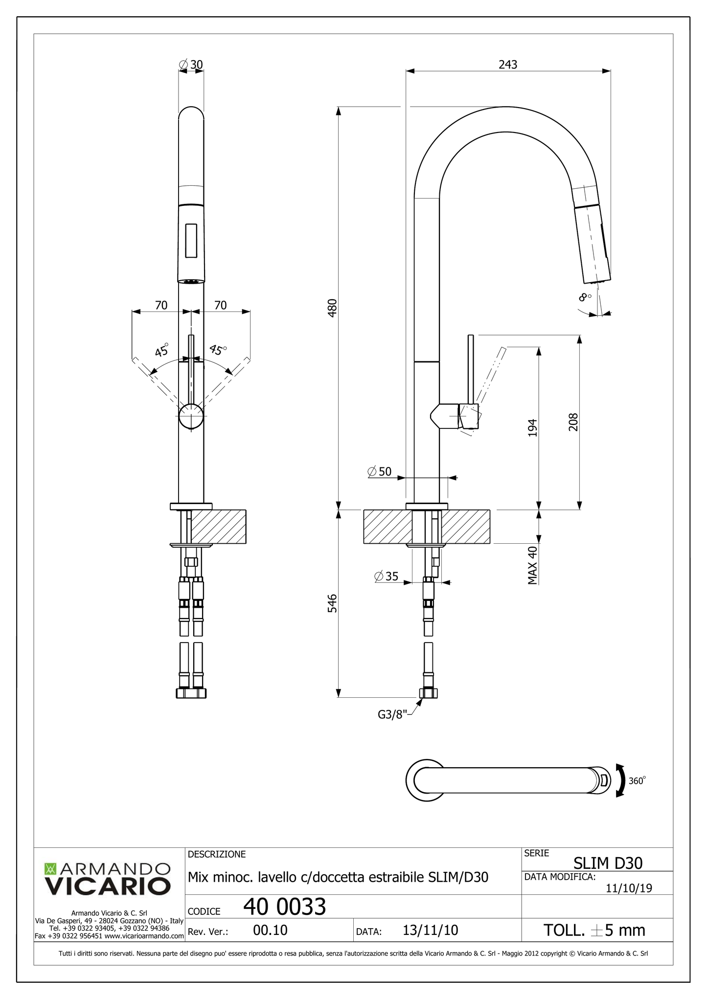 Miscelatore monocomando lavello cucina Slim D30 con doccetta a 2 getti